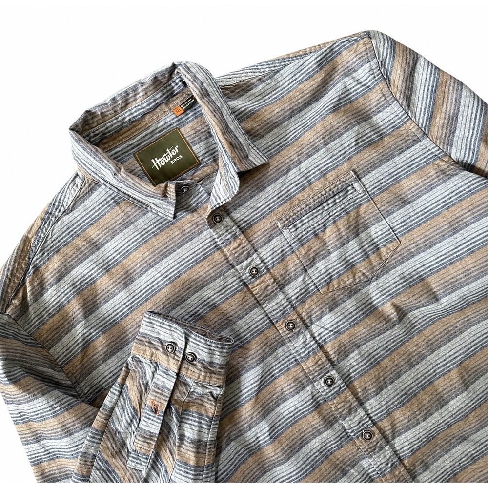 Howler Bros Flannel Shirt Men 2XL Gray Brown Stripe Heavyweight Cotton Button Up